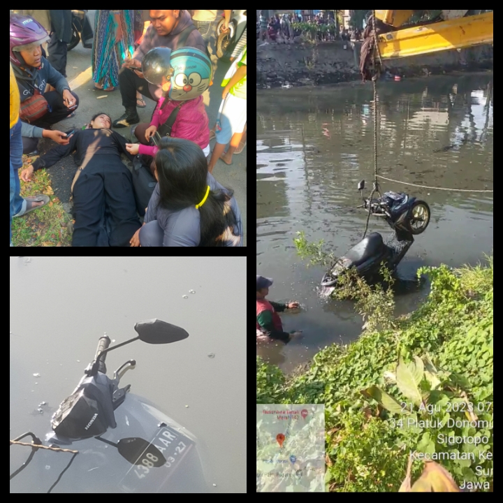 Warga Randu Bersama Motornya Terjun Bebas di Sungai Platuk Donomulyo Surabaya.