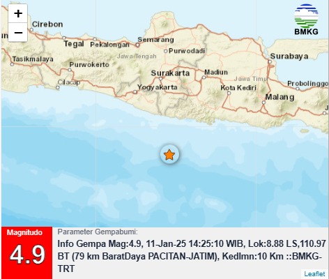 Gempa Tektonik Magnitudo 4,9 Dirasakan di Pacitan