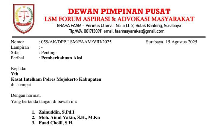 LSM FAAM Gelar Aksi di Depan Polres Mojokerto,Desak Kapolres Copot Kasatreskrim dan Kanit Tipiter