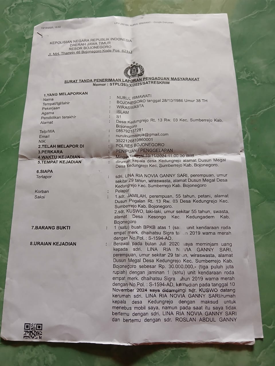 Mobil Sigra Digelapkan Anak Lurah, Nurul Laporkan Ke Polres Bojonegoro