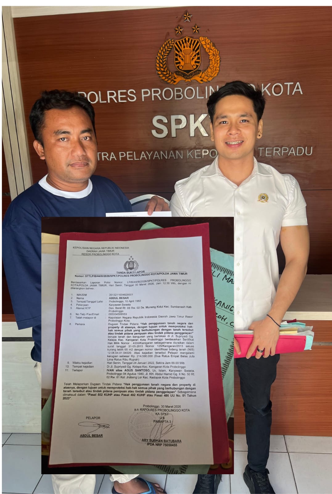 Developer IVAN alias AGUS SANTOSO di Laporkan Polisi dugaan tindak pidana Penipuan penggelapa