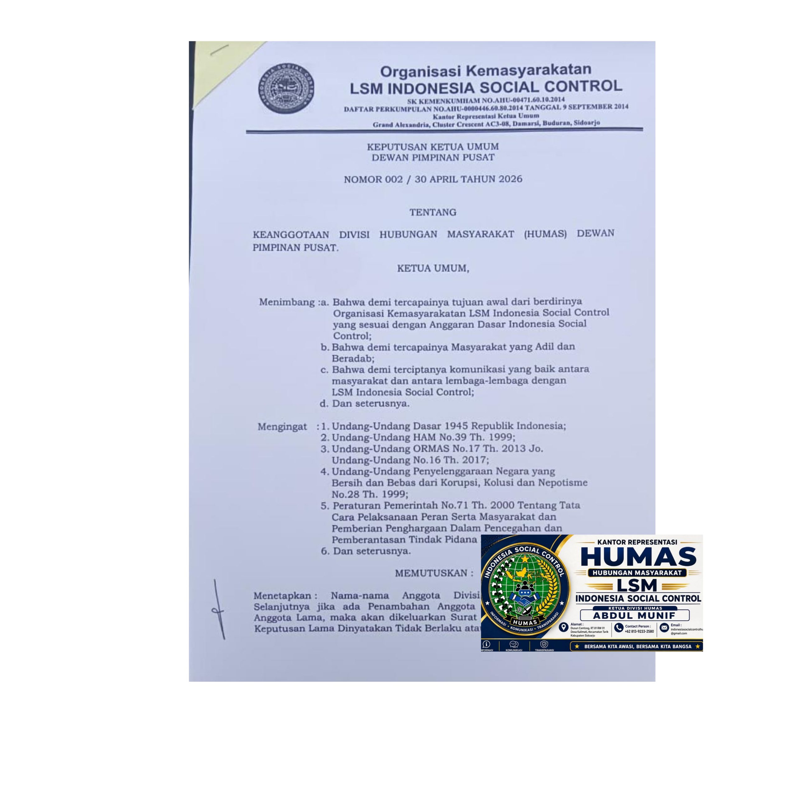 Perkuat Humas, LSM Indonesia Social Control Humas Tunjuk Abdul Munif dan Winarko Pimpin Divisi