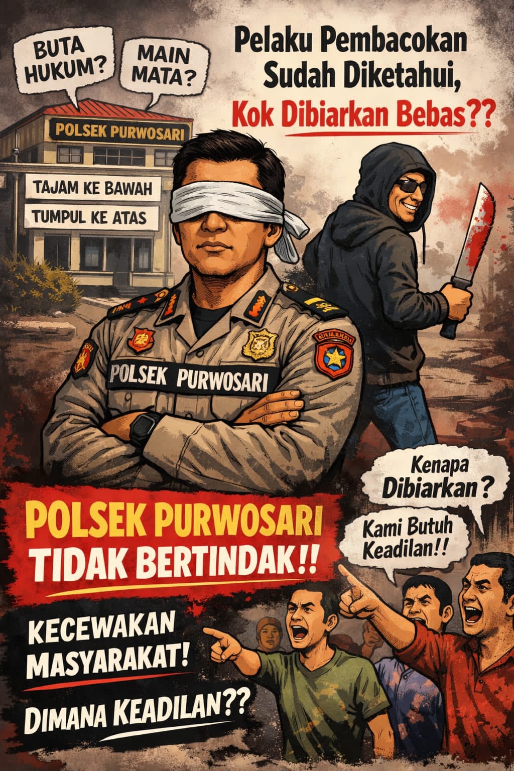 KORBAN CACAT PERMANEN, PELAKU PEMBACOKAN DI PURWOSARI MASIH BEBAS, MASYARAKAT PROTES: “POLSEK JANGAN MANDUL”