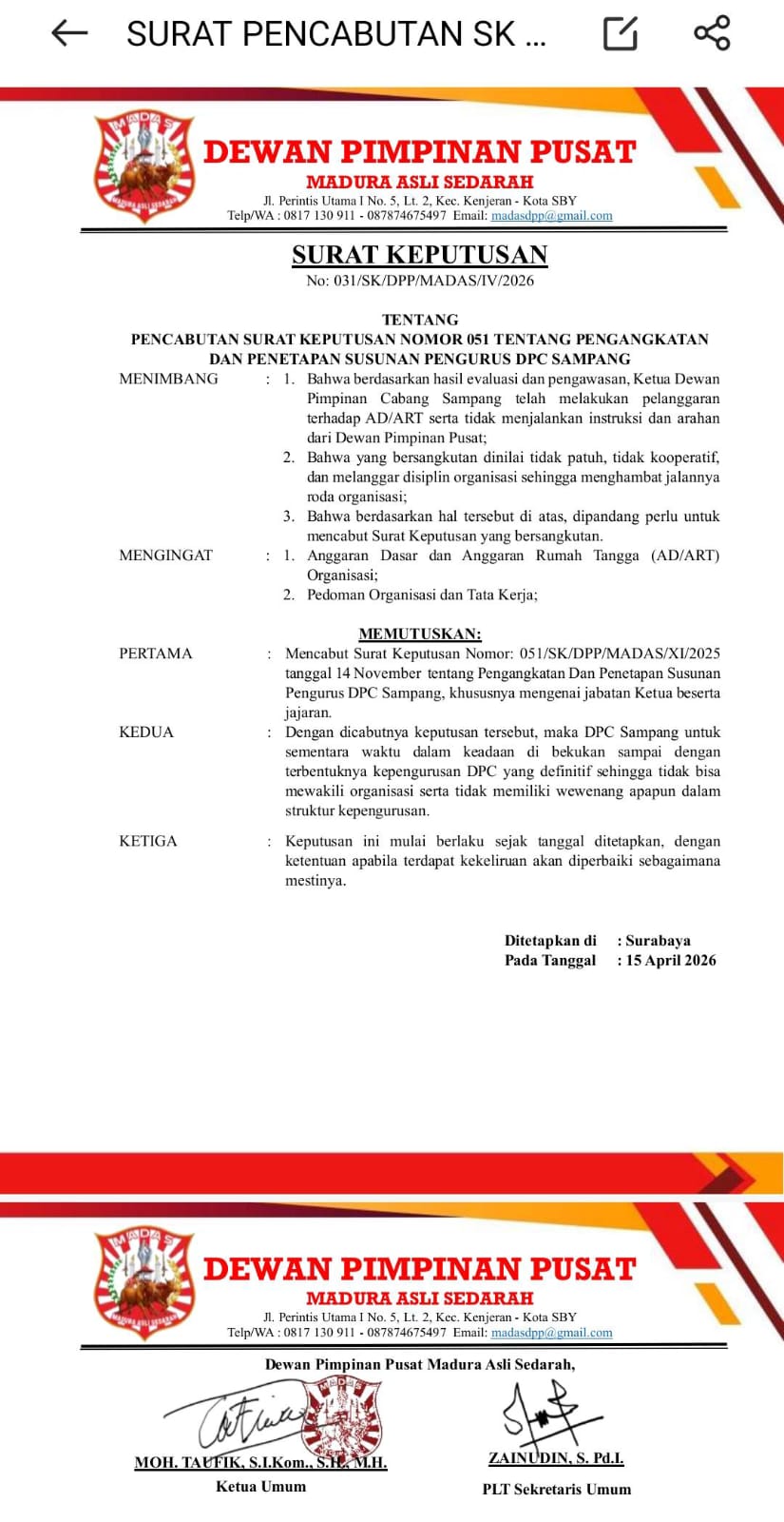 Pengurus Dicopot, DPC Sampang Madas Dibekukan